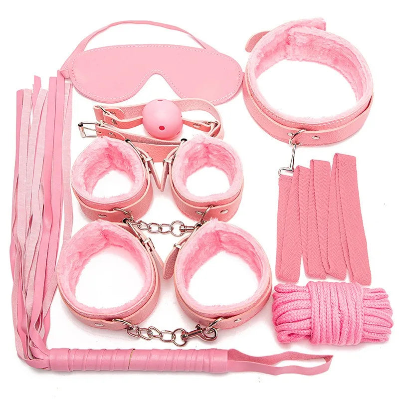 Conjunto de 7 peças de kits bdsm brinquedos sexuais para mulheres adultos jogos bondage algemas sexo chicote boca mordaça