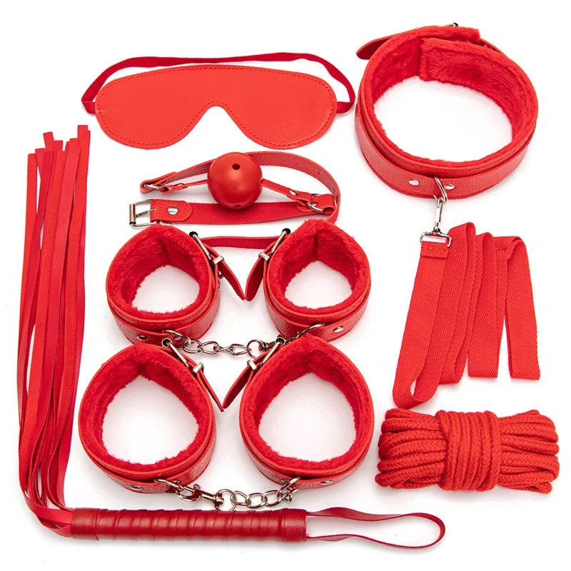 Conjunto de 7 peças de kits bdsm brinquedos sexuais para mulheres adultos jogos bondage algemas sexo chicote boca mordaça