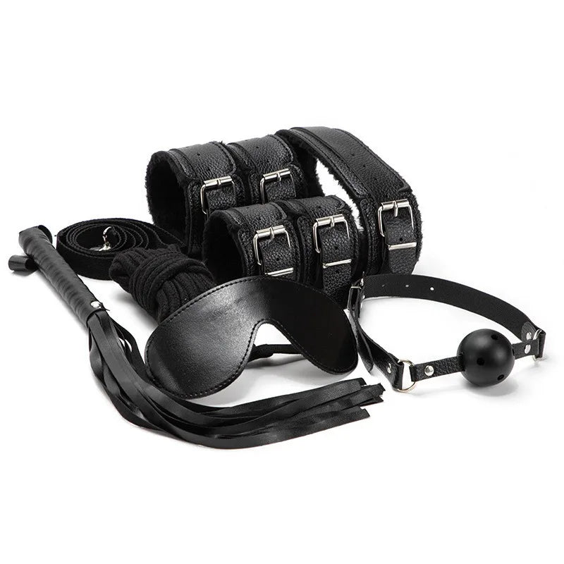 Conjunto de 7 peças de kits bdsm brinquedos sexuais para mulheres adultos jogos bondage algemas sexo chicote boca mordaça